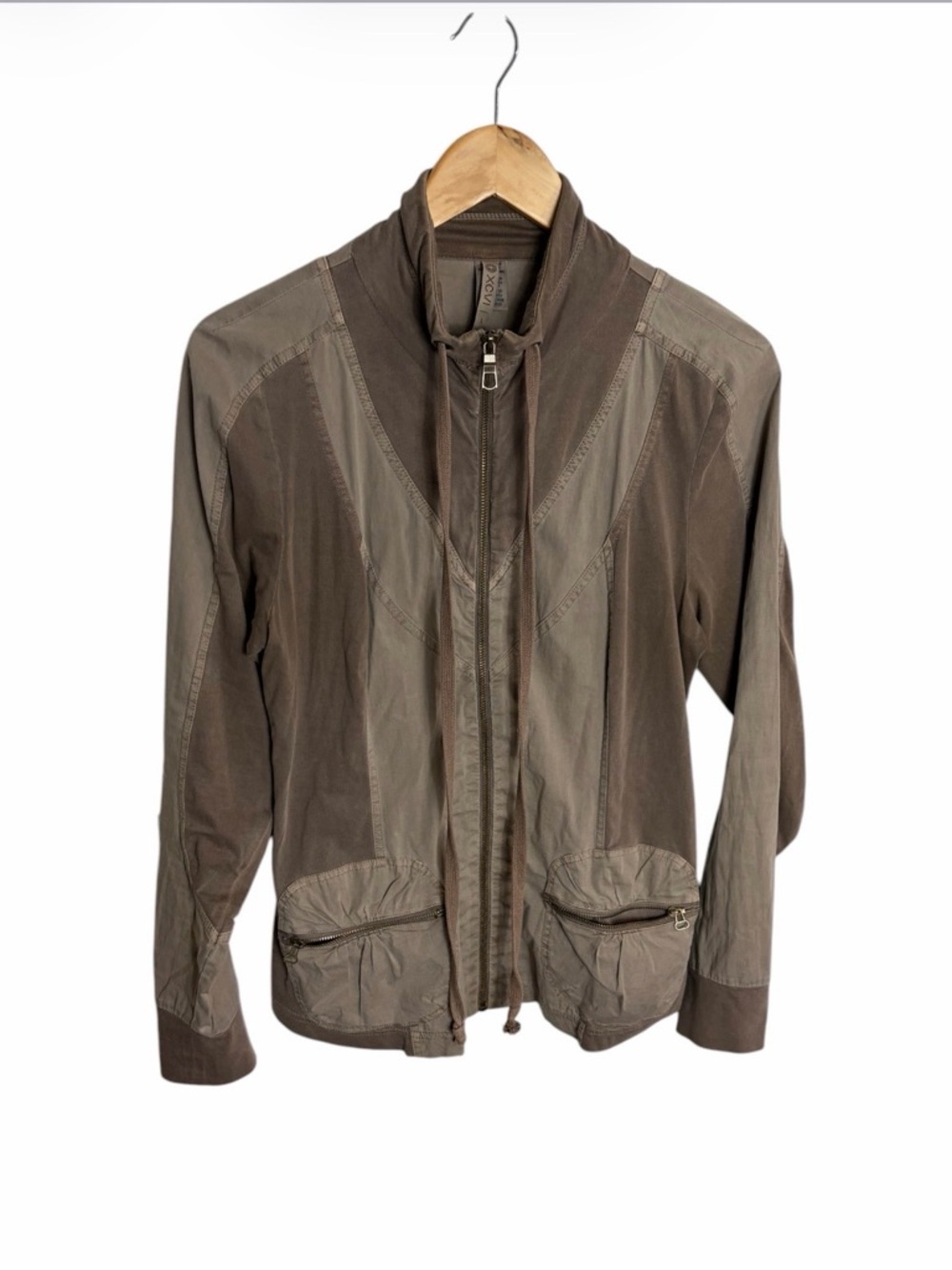 XCVI Lightweight Brown Zip-Front mock neck cotton jacket with pockets size L